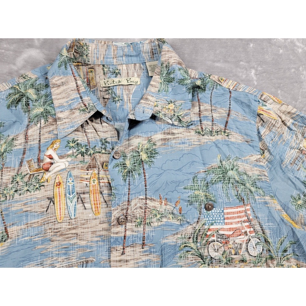 Batik Bay Hawaiian Rayon Shirt Mens Large Blue USA Island Surf Palms Motorcycle